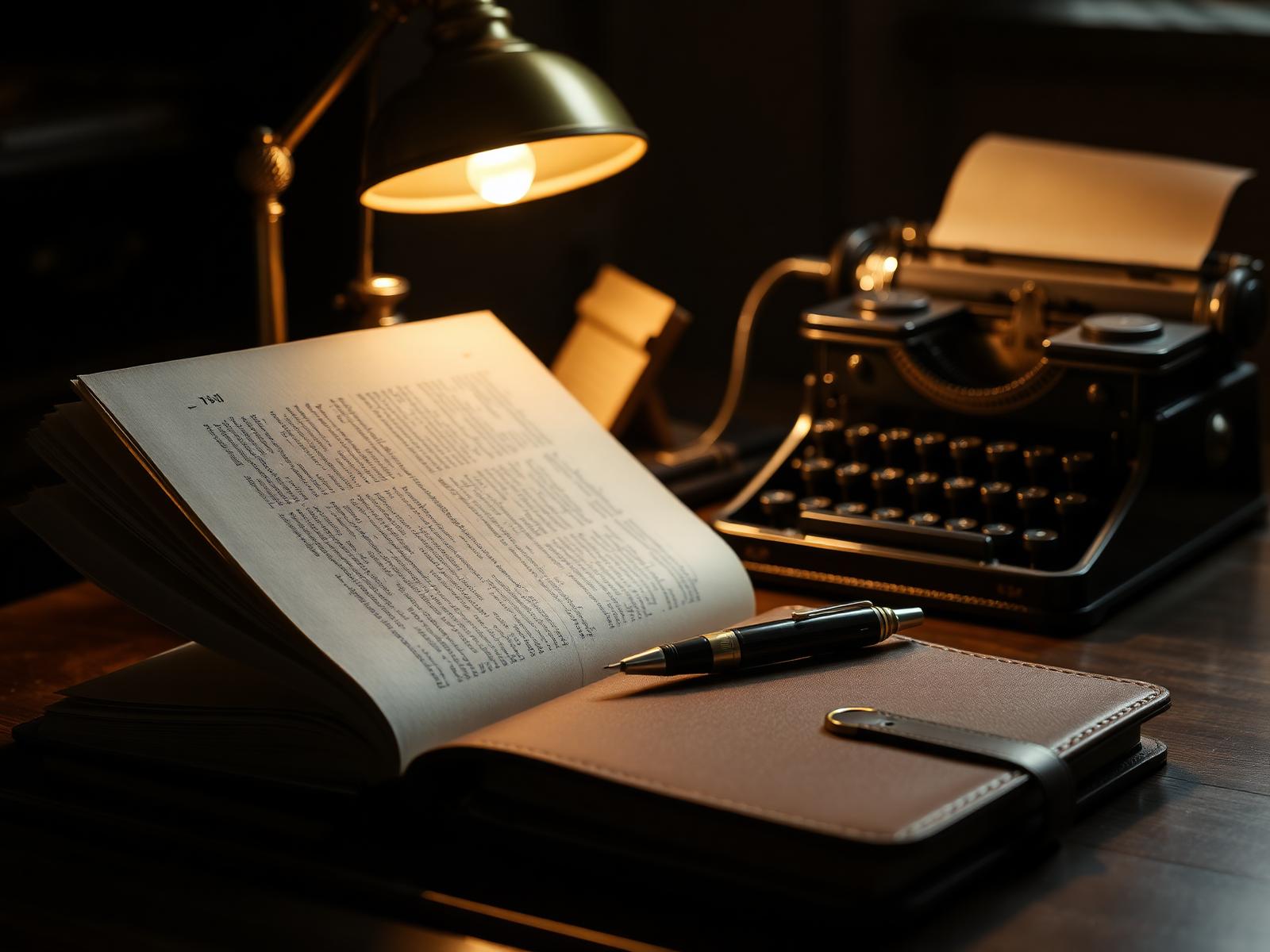 A writer's desk: open hardcover book, fountain pen and brass lamp