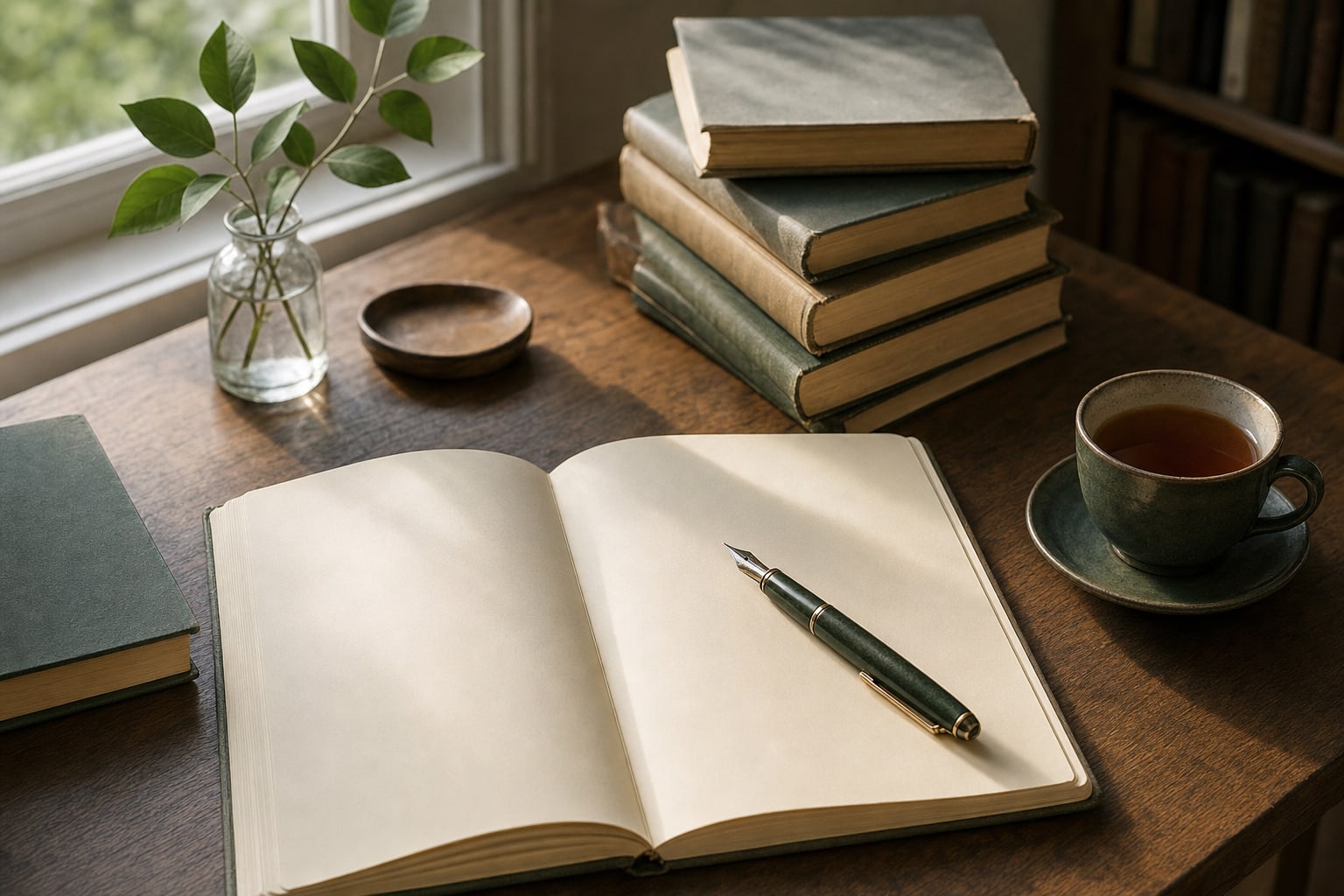 Open blank notebook, fountain pen, books, and tea on a sunlit wooden desk